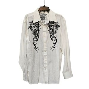 Xtreme Couture Black & White Textured Logo Button Up Long Sleeve Shirt Size L